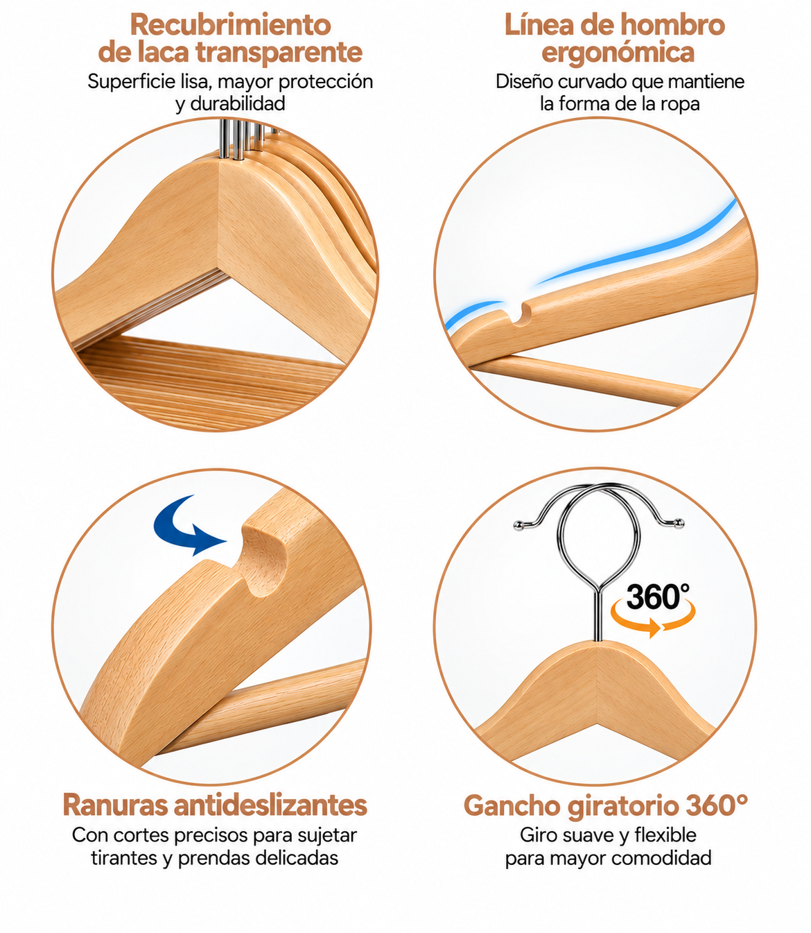 Perchas de Madera 15 Uds con Gancho Metálico
