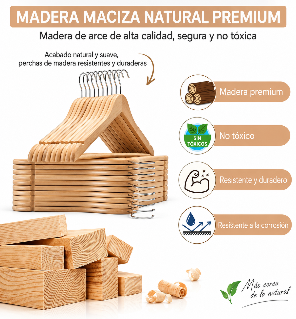 Perchas de Madera 15 Uds con Gancho Metálico
