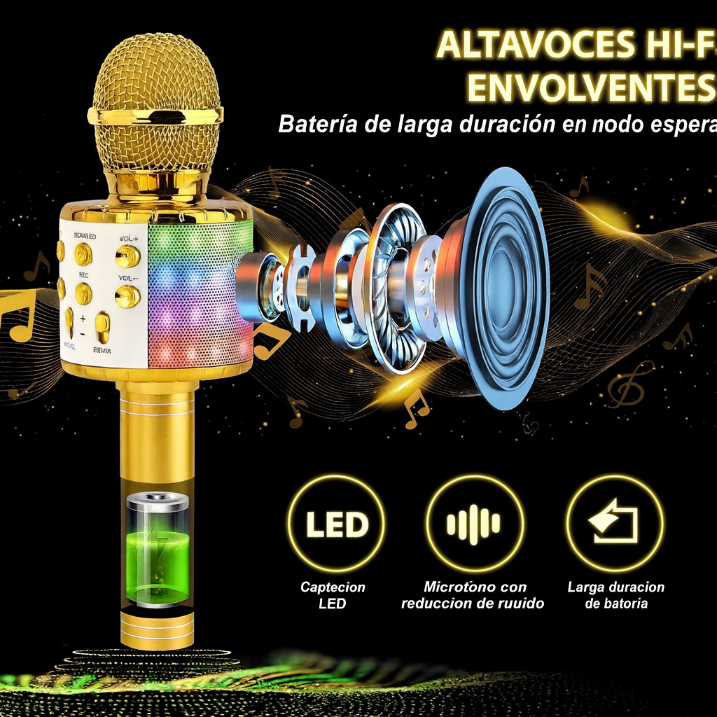 Micrófono karaoke inalámbrico Bluetooth con altavoz integrado, sonido estéreo potente, función eco, grabación, luces LED, compatible con móvil, PC y tablet, ideal para fiestas, niños y adultos.
