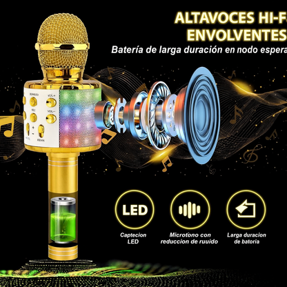 Micrófono karaoke inalámbrico Bluetooth con altavoz integrado, sonido estéreo potente, función eco, grabación, luces LED, compatible con móvil, PC y tablet, ideal para fiestas, niños y adultos.