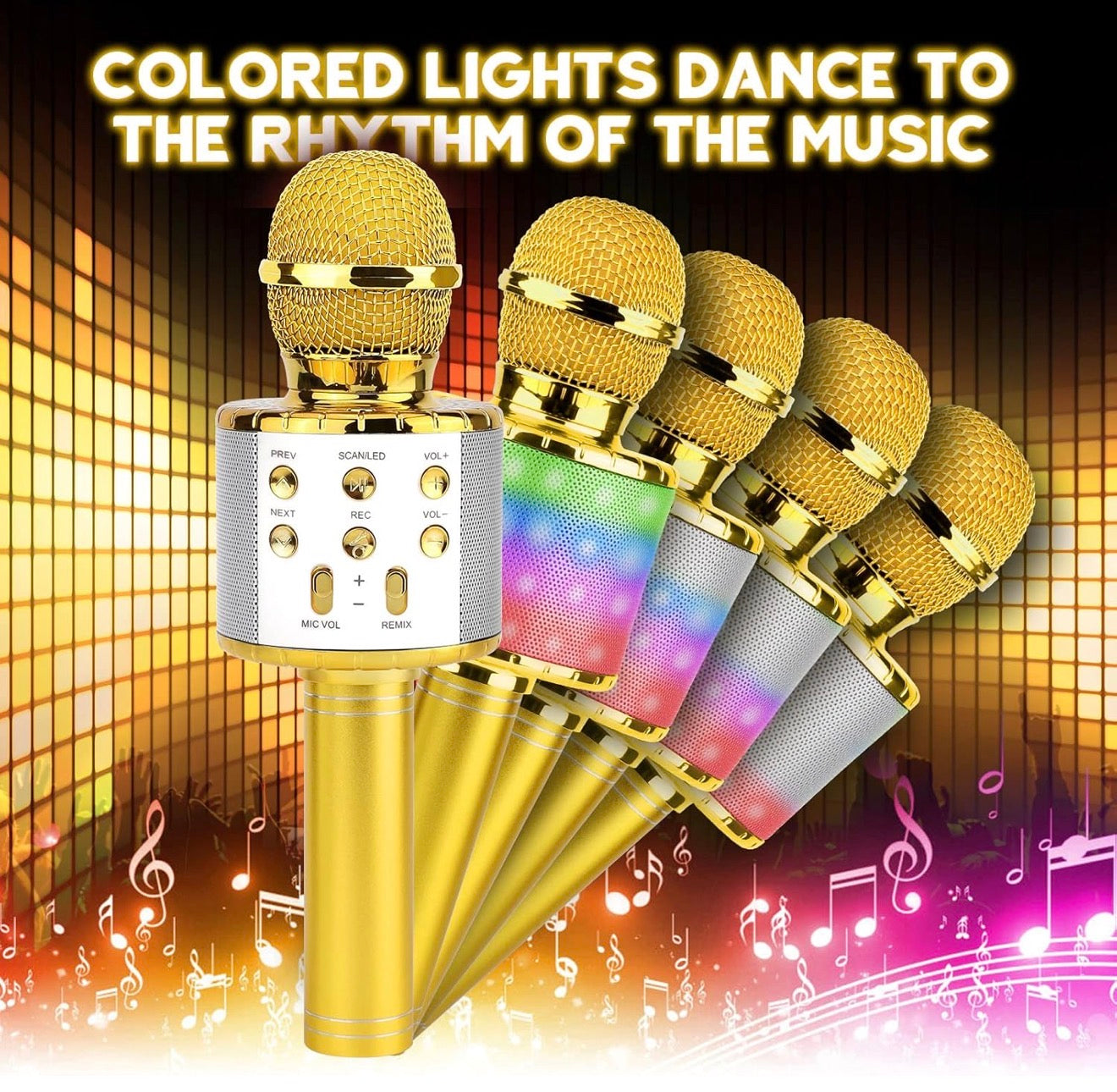 Micrófono karaoke inalámbrico Bluetooth con altavoz integrado, sonido estéreo potente, función eco, grabación, luces LED, compatible con móvil, PC y tablet, ideal para fiestas, niños y adultos.