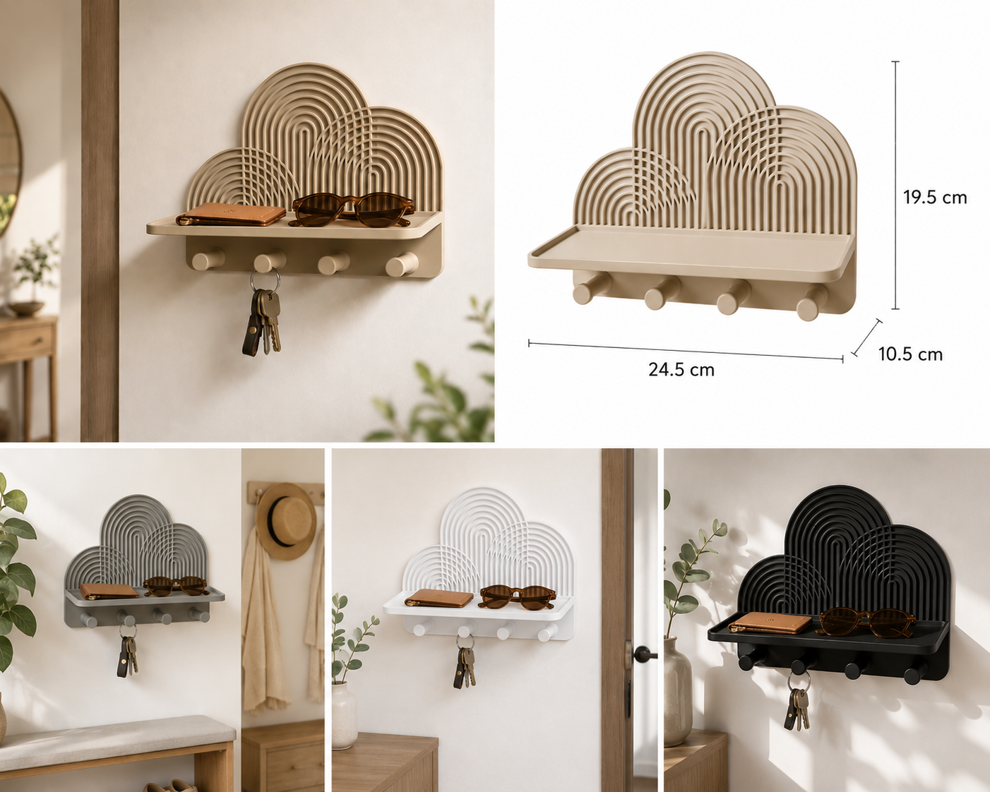Perchero de Pared Minimalista con Estante y 4 Ganchos | Organizador Moderno para Llaves, Gafas y Accesorios | Adhesivo o con Tornillos | Acabado Mate Decorativo