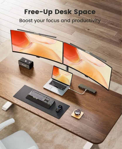 SOPORTE DUAL PARA MONITORES DE 10 A 32 PULGADAS CON BRAZO AJUSTABLE Y ROTACIÓN 360 GRADOS