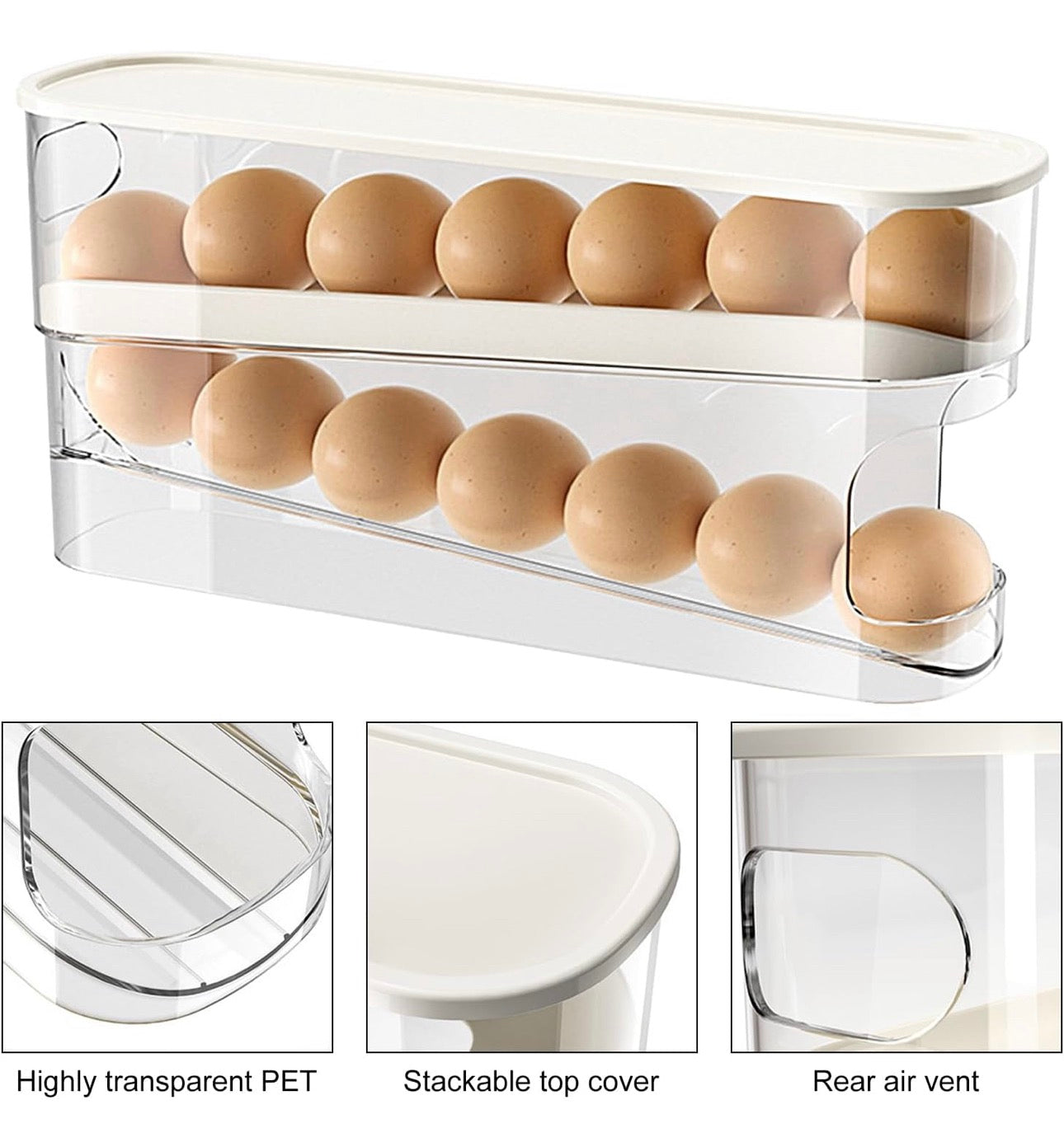 Huevera para ahorrar espacio con ruedas para el frigorífico, para 12 huevos grandes, PTE transparente y estable con tapa abatible, dispensador de almacenamiento fácilmente accesible