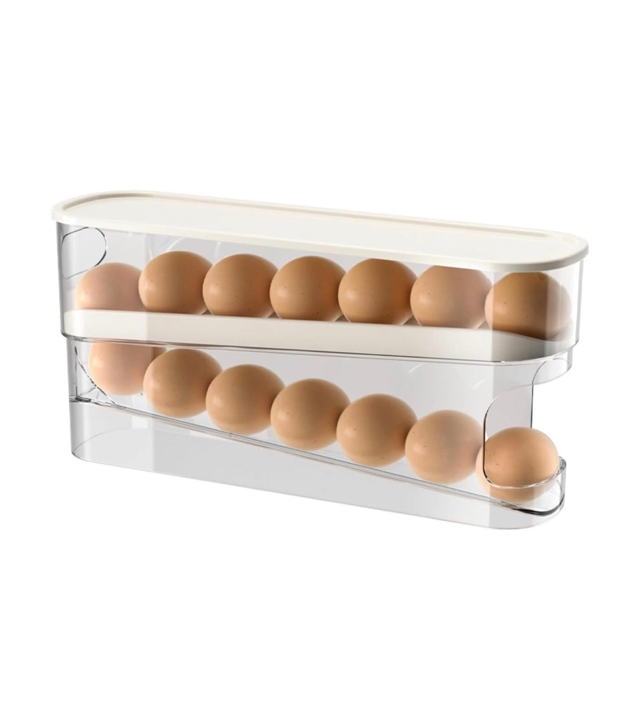 Huevera para ahorrar espacio con ruedas para el frigorífico, para 12 huevos grandes, PTE transparente y estable con tapa abatible, dispensador de almacenamiento fácilmente accesible