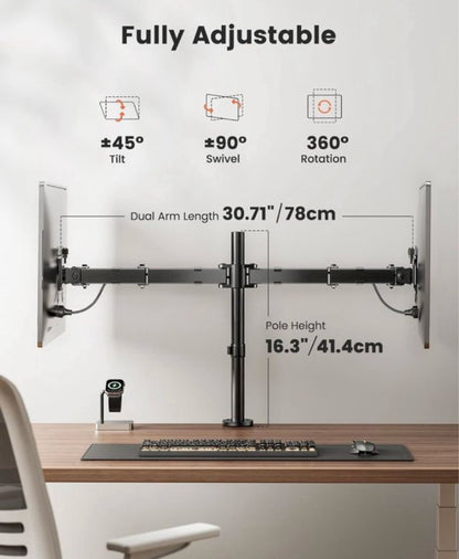 SOPORTE DUAL PARA MONITORES DE 10 A 32 PULGADAS CON BRAZO AJUSTABLE Y ROTACIÓN 360 GRADOS