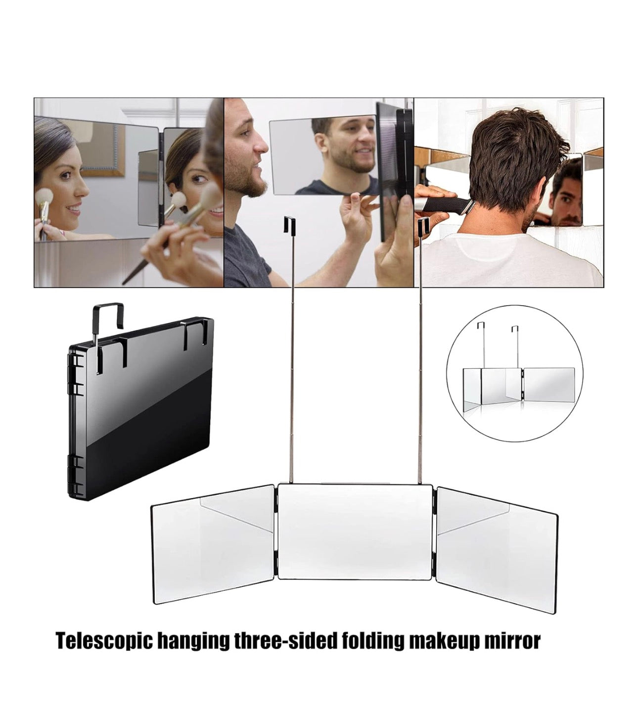 Espejo de 3 vías para Cortar 360 Grados Espejo cosmético de Maquillaje de 3 vías Espejo Plegable Triple Espejo de Afeitar Colgante con Espejo de Maquillaje cosmético Ajustable en Altura