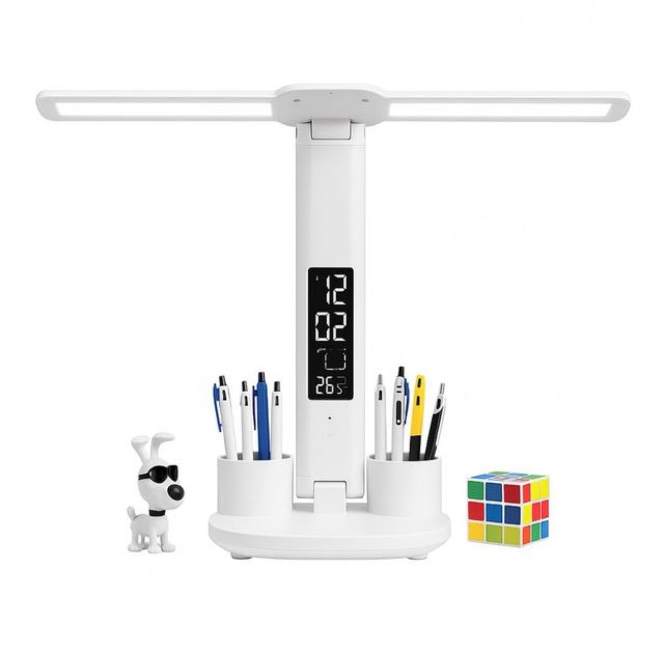 Lámpara de escritorio LED Lámpara de mesa USB Brillo regulable de doble cabezal con portalápices, visualización de hora/calendario/temperatura