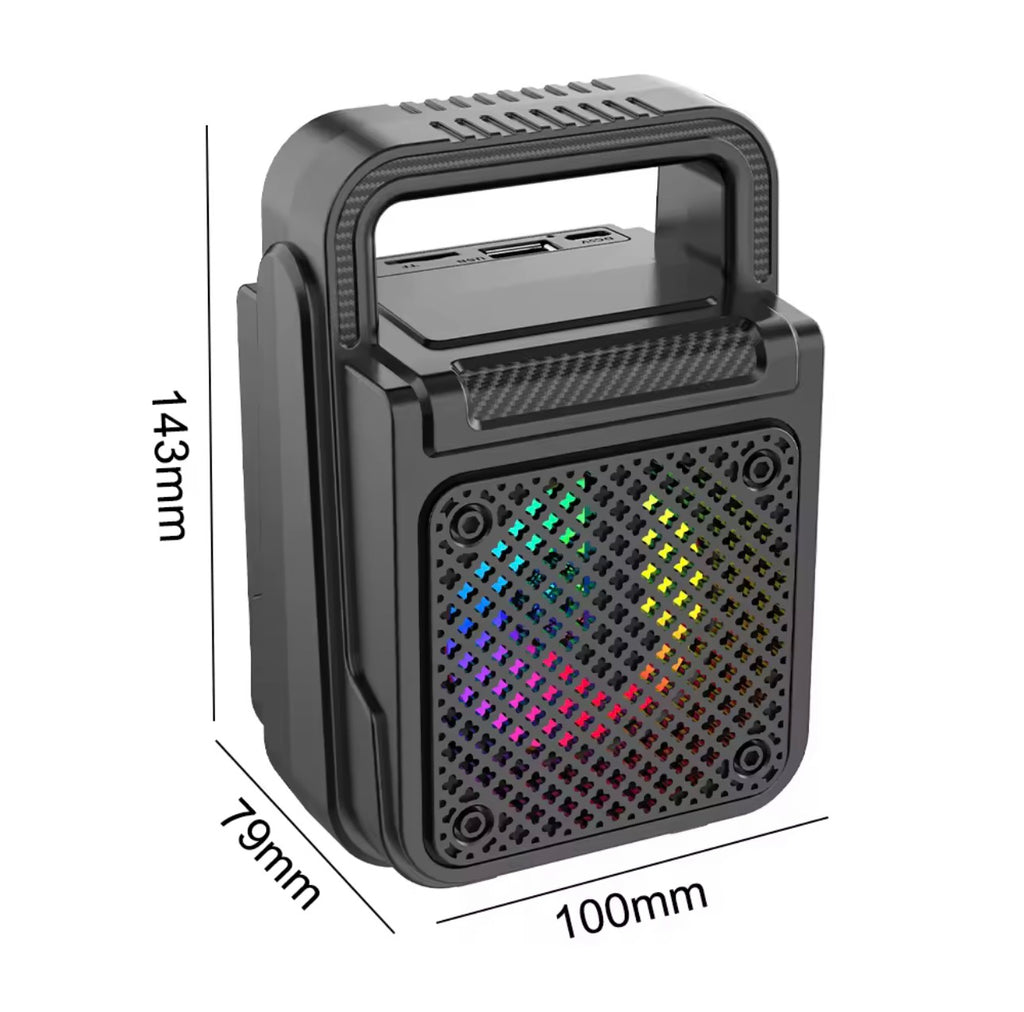 Mini altavoz portátil negro de 8W con un micrófono.