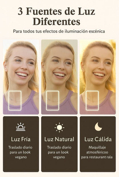 Espejo LED de Maquillaje con 3 Luces y Carga USB