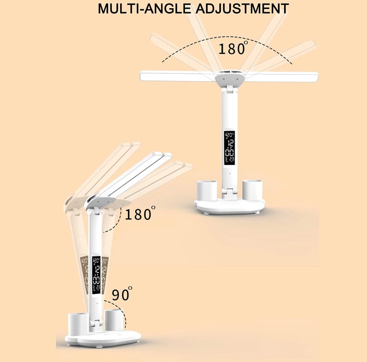 Lámpara de escritorio LED Lámpara de mesa USB Brillo regulable de doble cabezal con portalápices, visualización de hora/calendario/temperatura