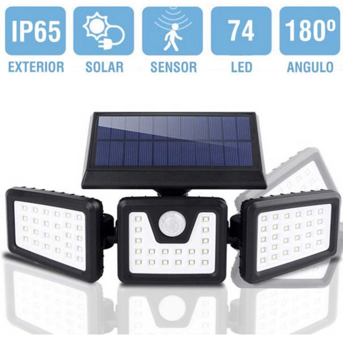 Lámpara solar de seguridad para exteriores equipada con 3 cabezales de iluminación ajustables y un sensor de movimiento.