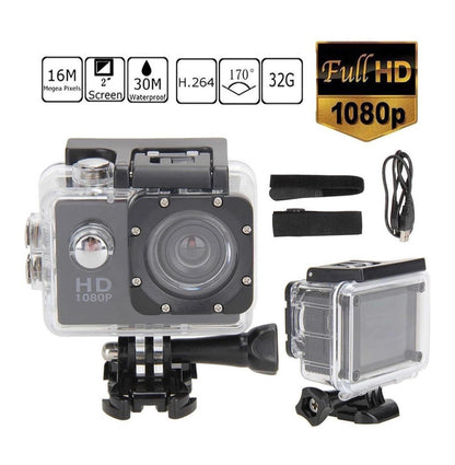 CÁMARA DEPORTIVA HD 1080P
RESISTENTE AL AGUA Y CON
ACCESIORIOS