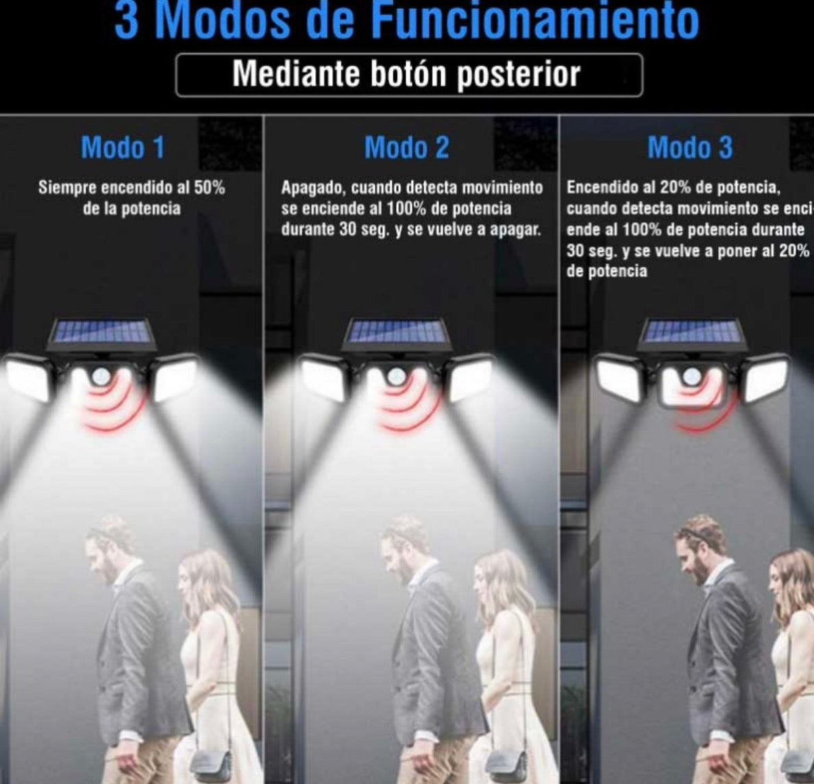 Lámpara solar de seguridad para exteriores equipada con 3 cabezales de iluminación ajustables y un sensor de movimiento.