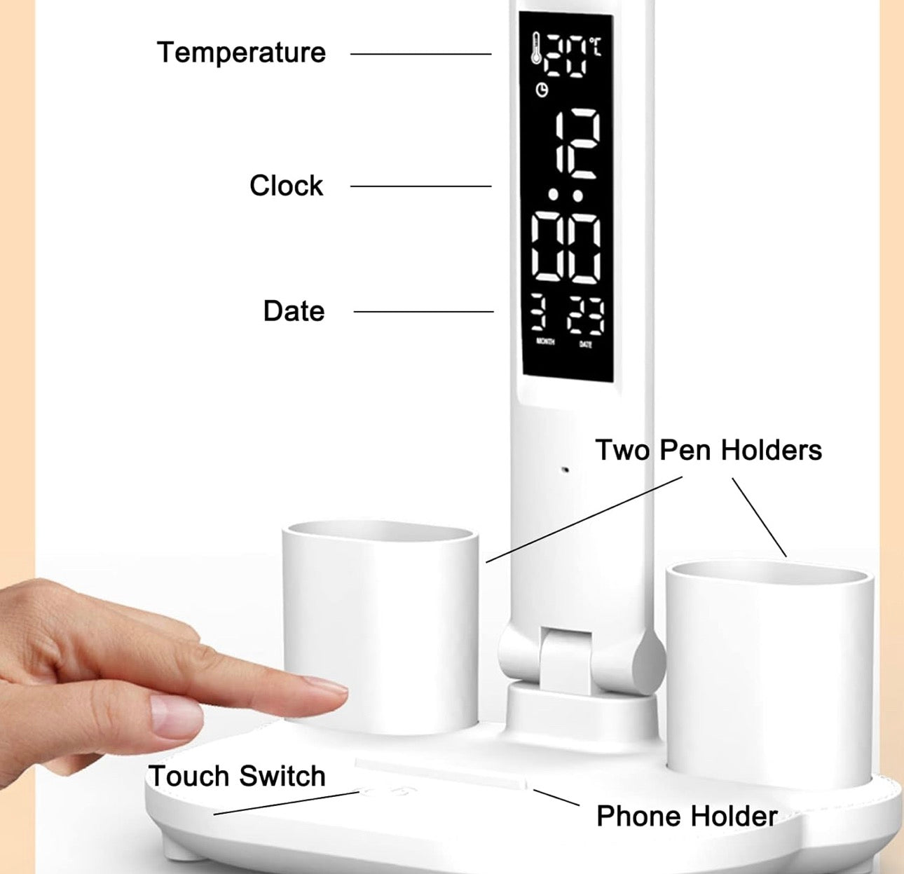 Lámpara de escritorio LED Lámpara de mesa USB Brillo regulable de doble cabezal con portalápices, visualización de hora/calendario/temperatura
