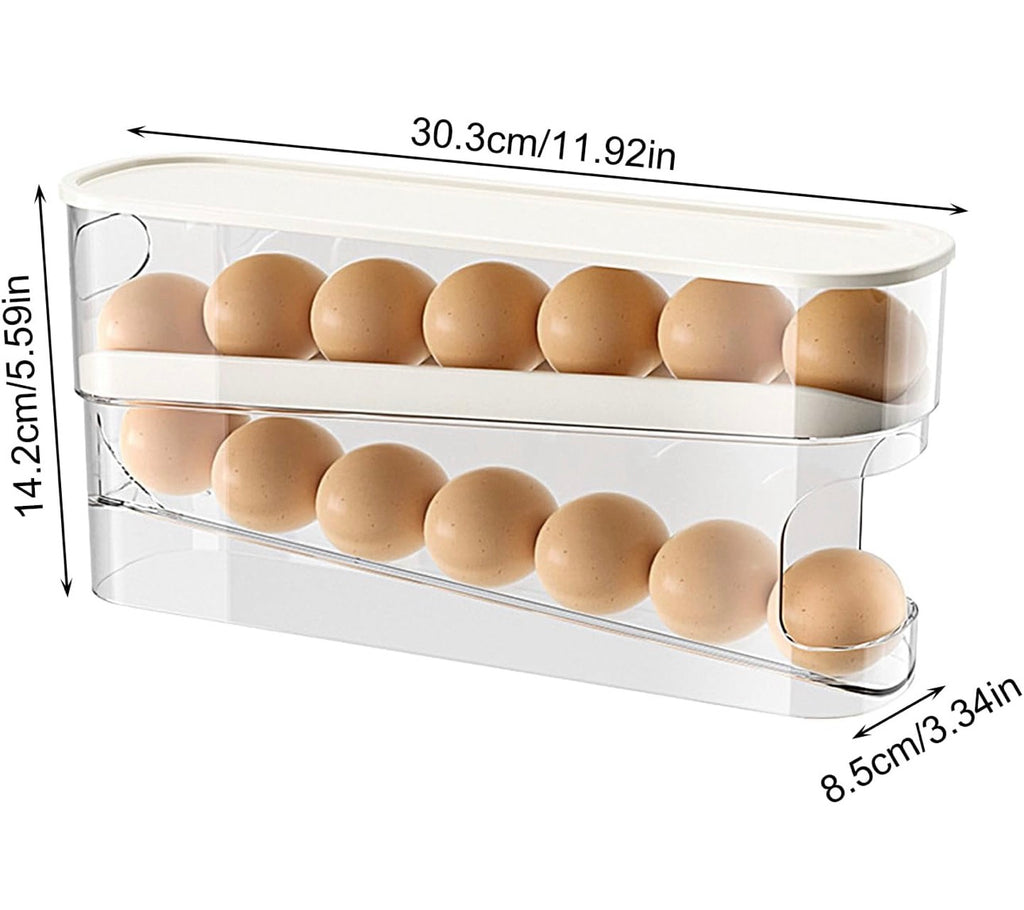 Huevera para ahorrar espacio con ruedas para el frigorífico, para 12 huevos grandes, PTE transparente y estable con tapa abatible, dispensador de almacenamiento fácilmente accesible.