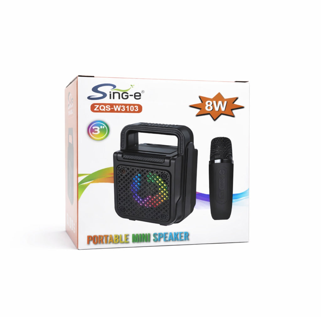 Mini altavoz portátil negro de 8W con un micrófono.