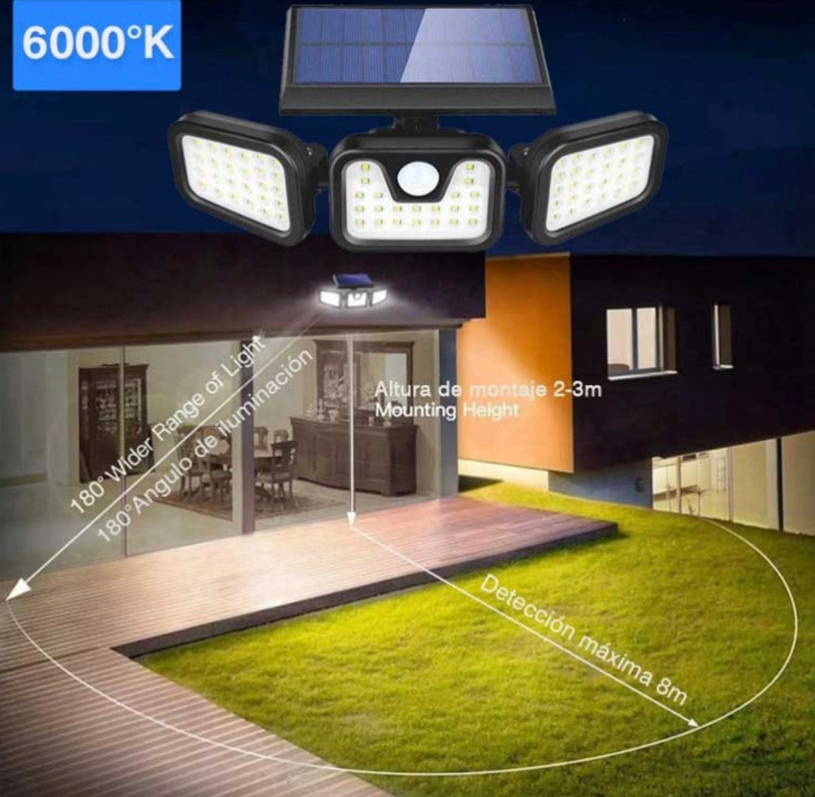 Lámpara solar de seguridad para exteriores equipada con 3 cabezales de iluminación ajustables y un sensor de movimiento.