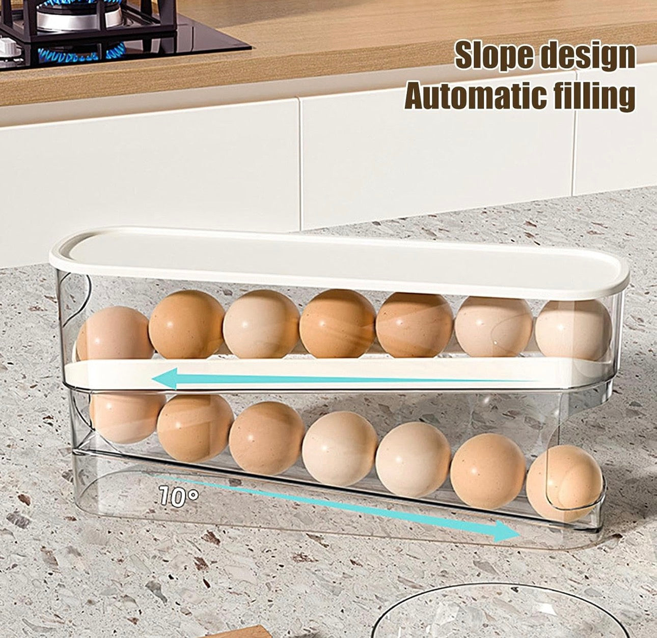 Huevera para ahorrar espacio con ruedas para el frigorífico, para 12 huevos grandes, PTE transparente y estable con tapa abatible, dispensador de almacenamiento fácilmente accesible