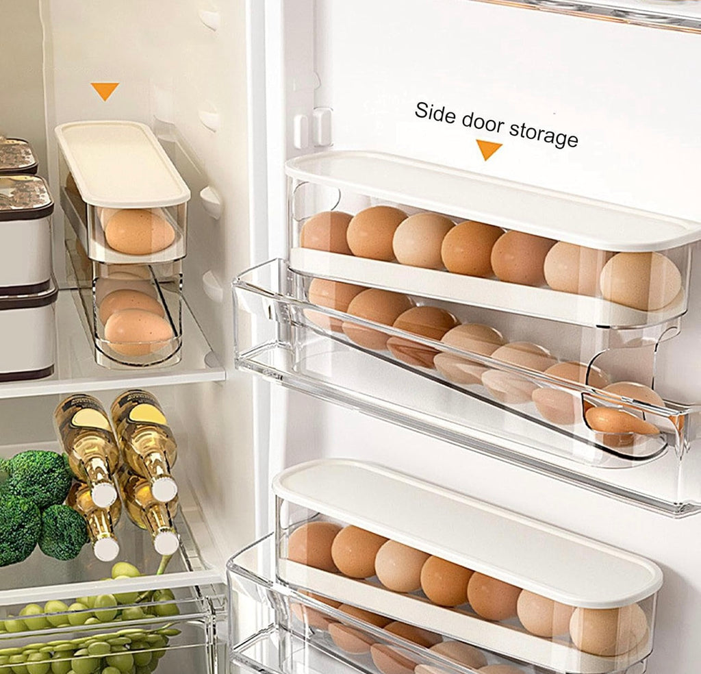 Huevera para ahorrar espacio con ruedas para el frigorífico, para 12 huevos grandes, PTE transparente y estable con tapa abatible, dispensador de almacenamiento fácilmente accesible.