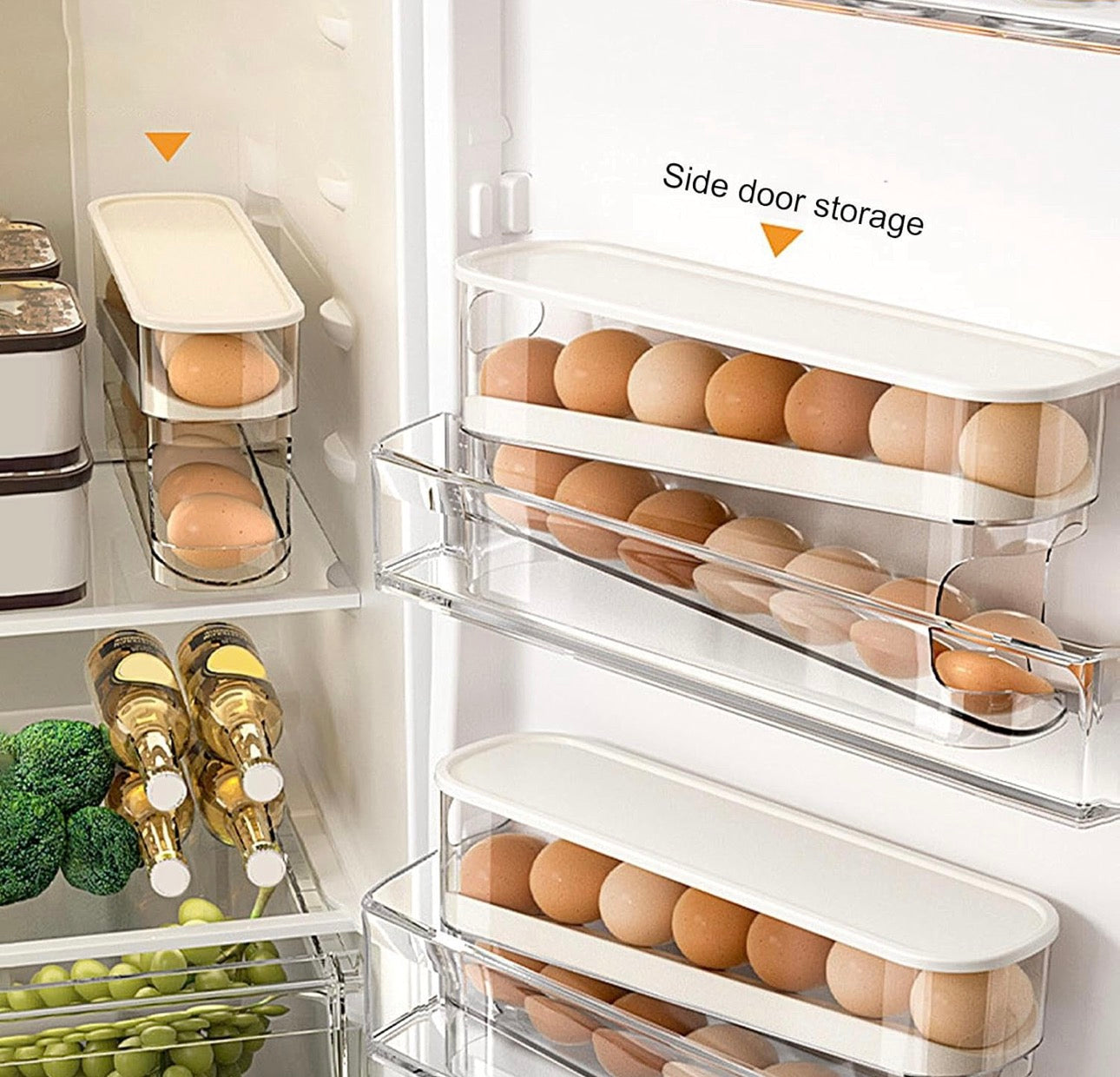 Huevera para ahorrar espacio con ruedas para el frigorífico, para 12 huevos grandes, PTE transparente y estable con tapa abatible, dispensador de almacenamiento fácilmente accesible