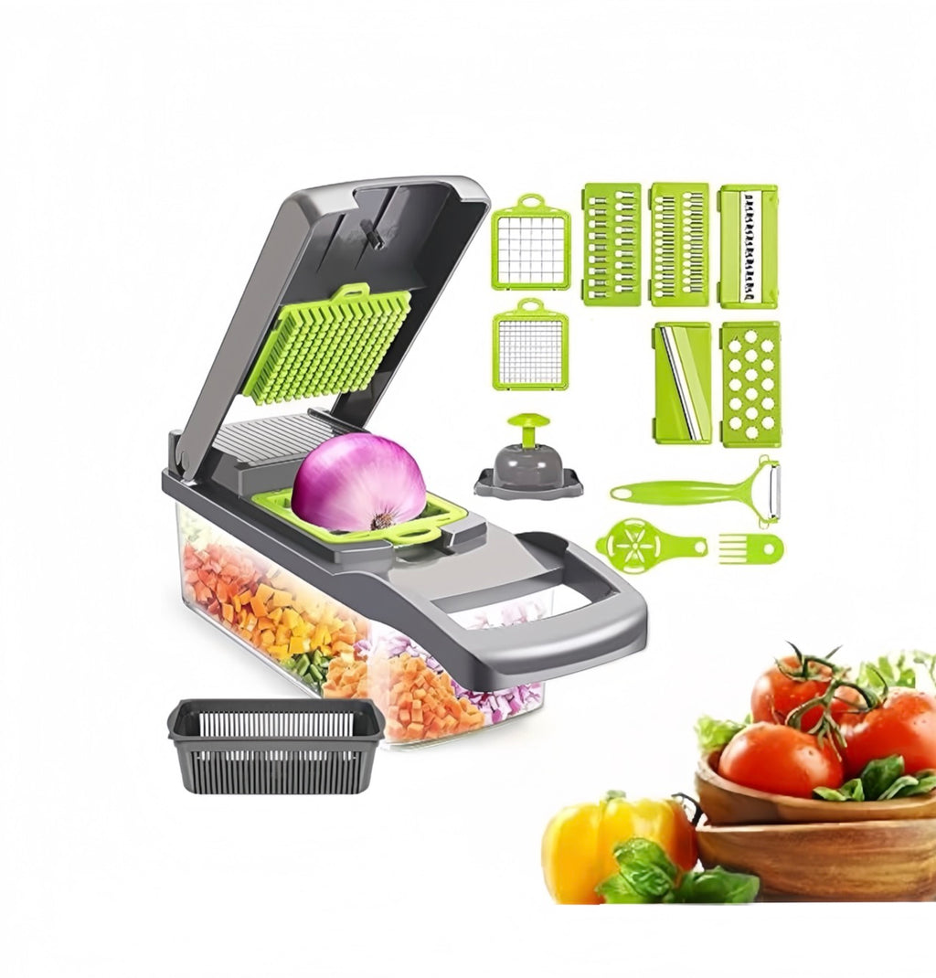 16 en 1 Cortadora de Verduras Cebolla Kit, Picador de Verduras Mandolina Cocina, Troceador de Verduras con 7 Cuchillas Lintercambiables, para Cortar Verduras, Patatas, Cebolla