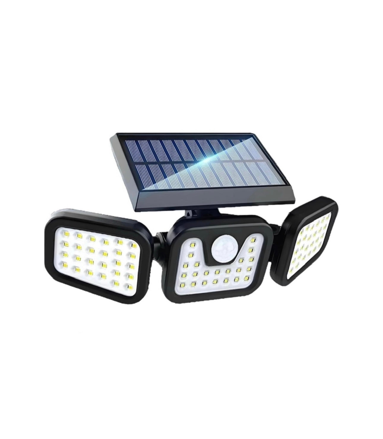 Lámpara solar de seguridad para exteriores equipada con 3 cabezales de iluminación ajustables y un sensor de movimiento.