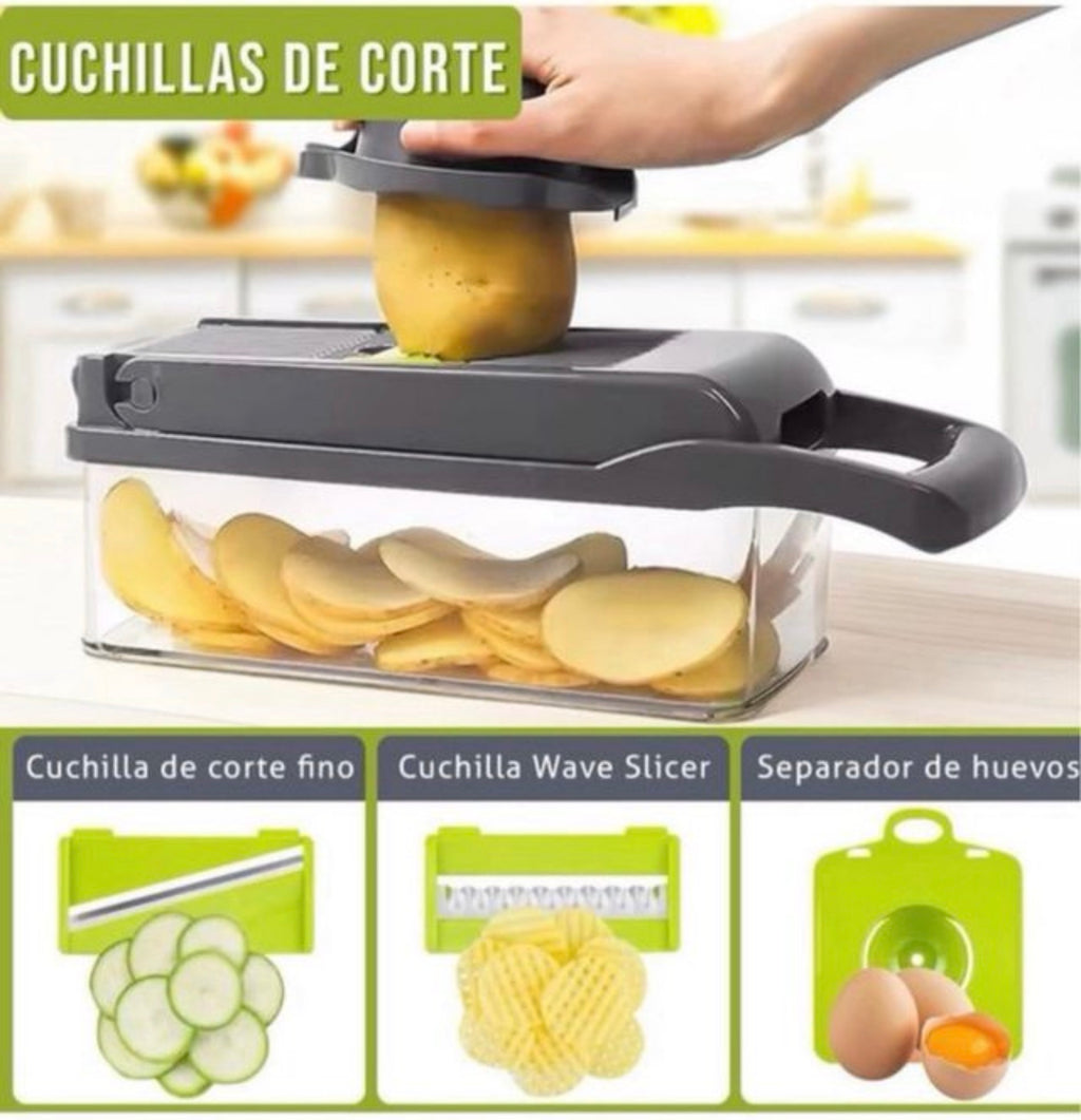 16 en 1 Cortadora de Verduras Cebolla Kit, Picador de Verduras Mandolina Cocina, Troceador de Verduras con 7 Cuchillas Lintercambiables, para Cortar Verduras, Patatas, Cebolla