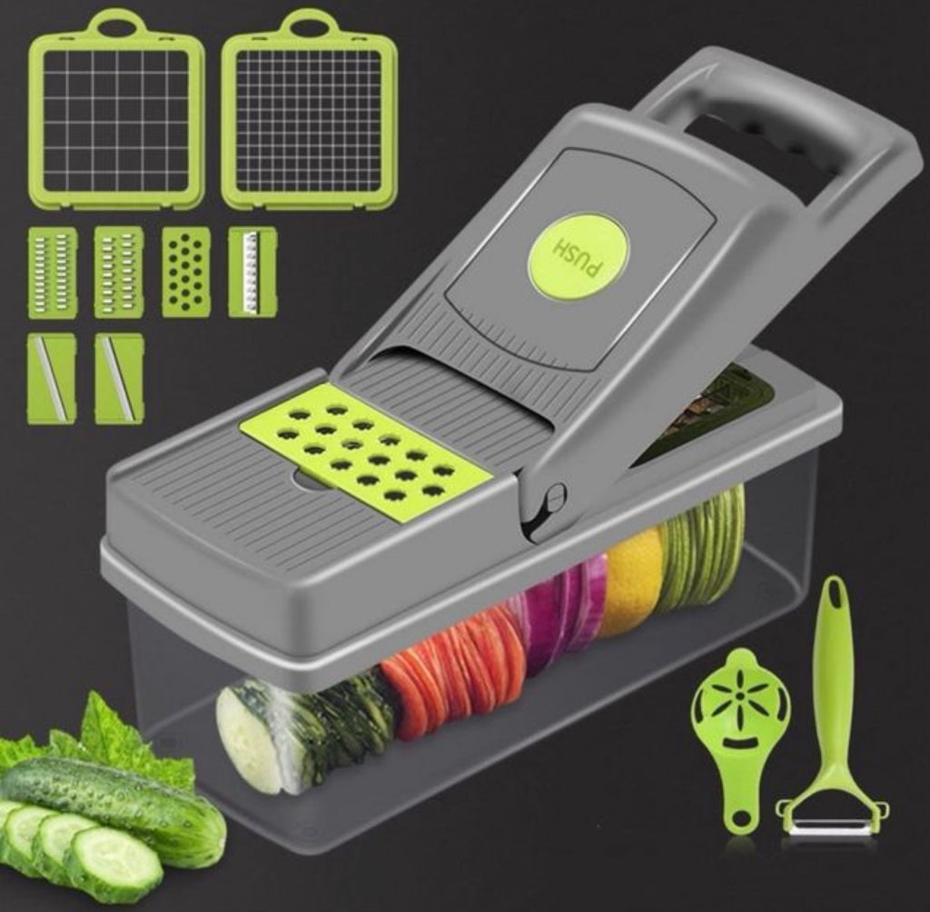 16 en 1 Cortadora de Verduras Cebolla Kit, Picador de Verduras Mandolina Cocina, Troceador de Verduras con 7 Cuchillas Lintercambiables, para Cortar Verduras, Patatas, Cebolla