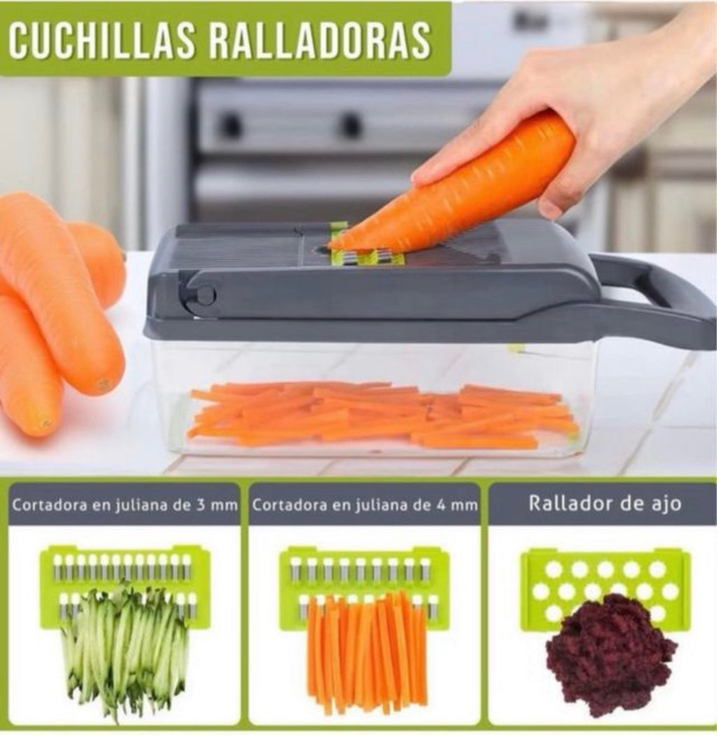 16 en 1 Cortadora de Verduras Cebolla Kit, Picador de Verduras Mandolina Cocina, Troceador de Verduras con 7 Cuchillas Lintercambiables, para Cortar Verduras, Patatas, Cebolla