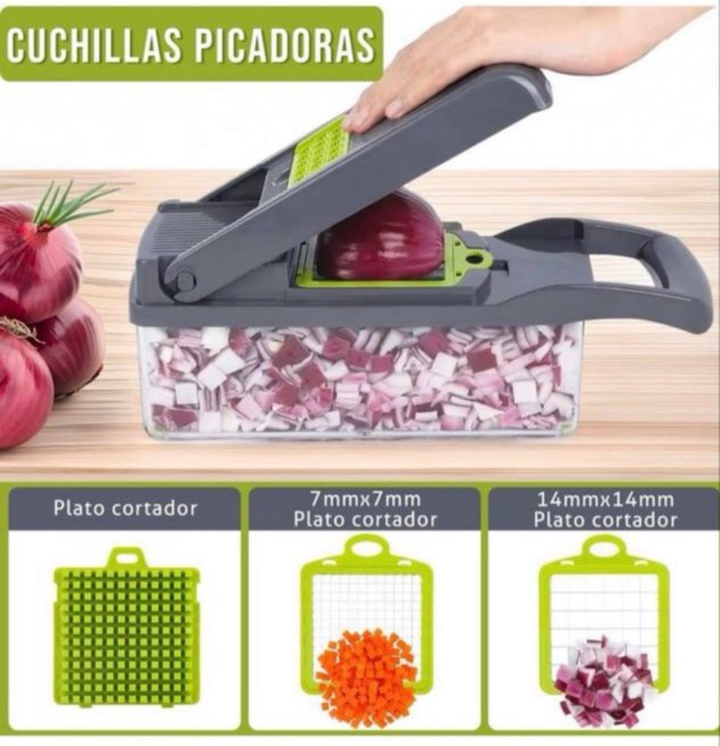 16 en 1 Cortadora de Verduras Cebolla Kit, Picador de Verduras Mandolina Cocina, Troceador de Verduras con 7 Cuchillas Lintercambiables, para Cortar Verduras, Patatas, Cebolla