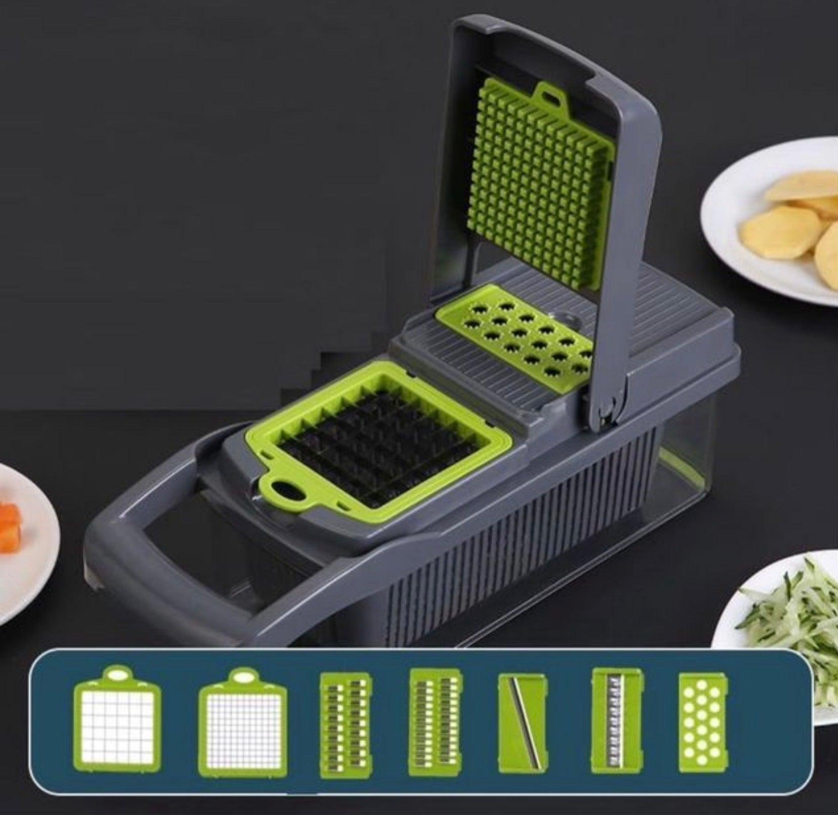 16 en 1 Cortadora de Verduras Cebolla Kit, Picador de Verduras Mandolina Cocina, Troceador de Verduras con 7 Cuchillas Lintercambiables, para Cortar Verduras, Patatas, Cebolla