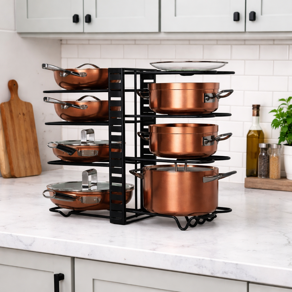 Organizador ajustable de ollas y sartenes con dimensiones 48x20.5x38 cm. Accesorios de cocina. Nuevo