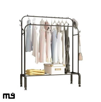 PERCHERO DE ROPA METÁLICO CON RUEDAS Y ALMACENAJE
