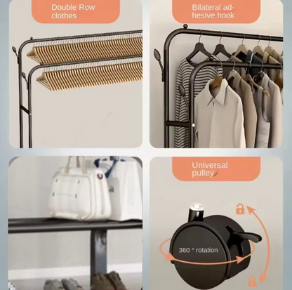 PERCHERO DE ROPA METÁLICO CON RUEDAS Y ALMACENAJE